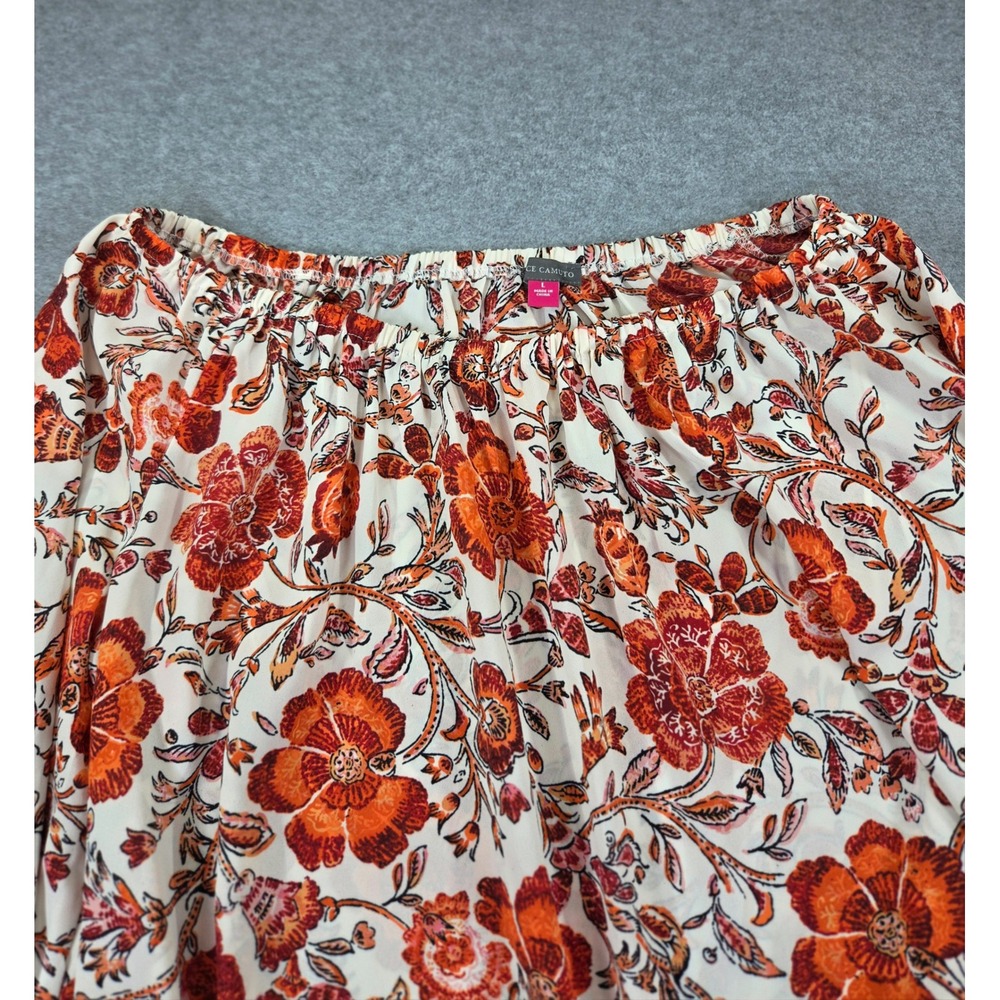 Vince Camuto Womens Lg Off Shoulder Top Orange Floral Tie Front LS Blouse